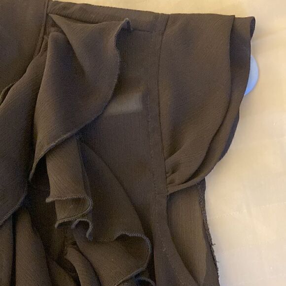 Cotton Express Women’s Semi Sheer Ruffle Button Front Blouse in Brown. Size S. - Picture 7 of 10